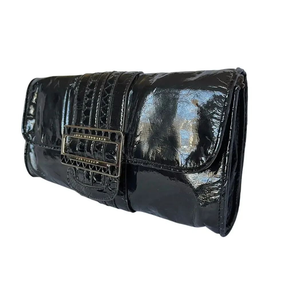 Y2K Anya Hindmarch x Target Black Patent Faux Leather Buckle Clutch Evening Bag